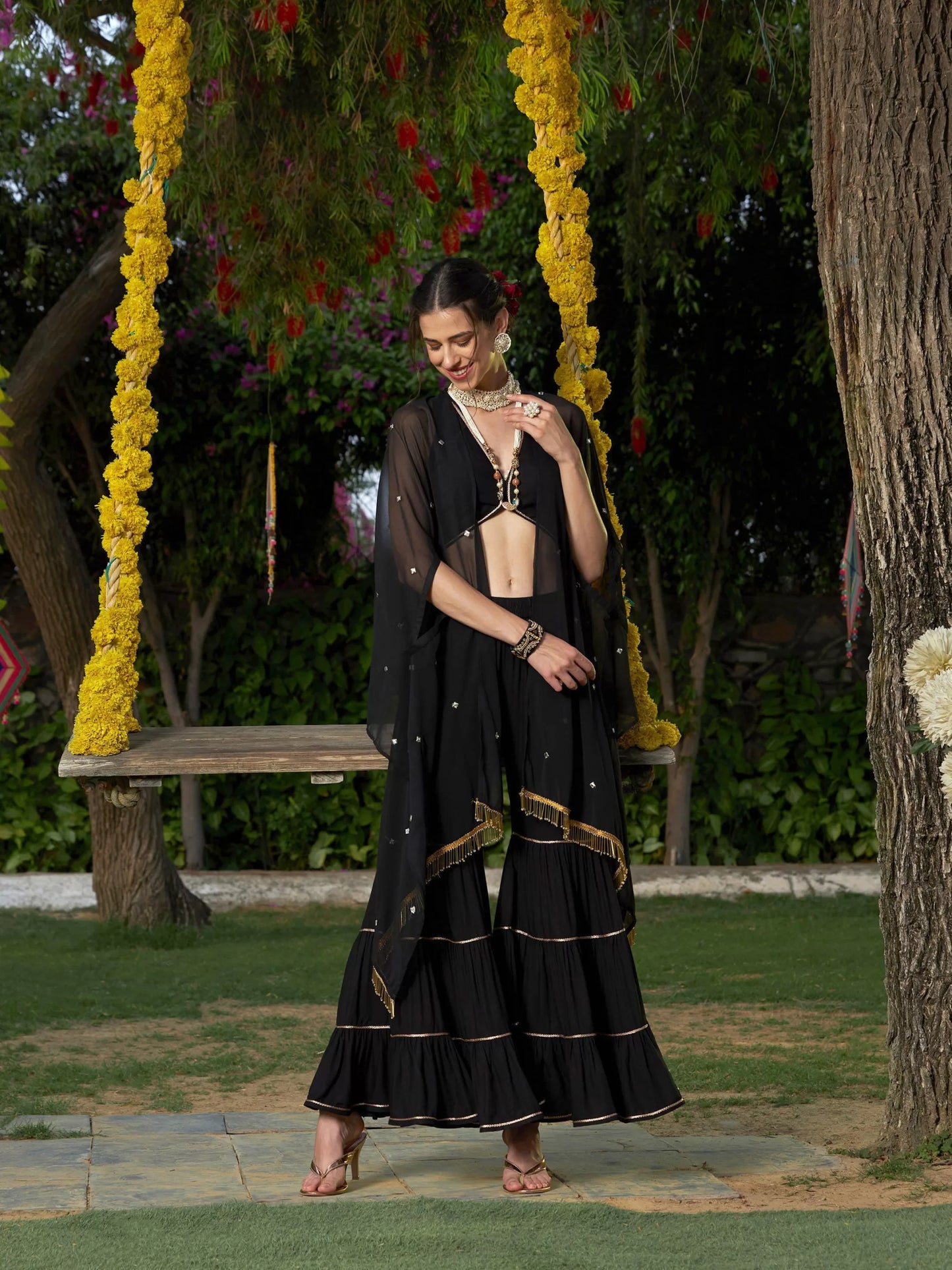Shae by SASSAFRAS - Women Black Crop Top With Tiered Sharara And Emb Cape