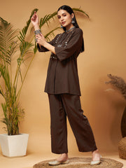 Women Brown Zari Embroidered Top With Palazzos