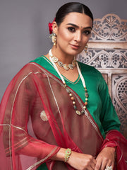 Shae by SASSAFRAS - Women Green Kurta Set With Maroon Organza Dupatta