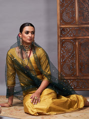 Shae by SASSAFRAS - Women Mustard Kurta Set With Green Net Sequins Dupatta