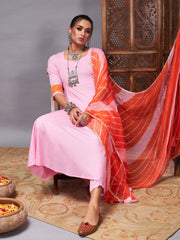 Shae by SASSAFRAS - Women Pink Kurta Set With Orange Lehariya Dupatta