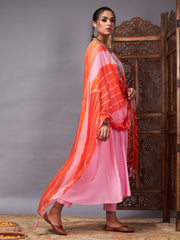 Shae by SASSAFRAS - Women Pink Kurta Set With Orange Lehariya Dupatta