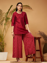 Shae by SASSAFRAS - Women Maroon Short Kurta With Printed Flared Palazzos