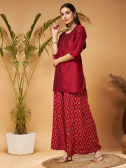 Shae by SASSAFRAS - Women Maroon Short Kurta With Printed Flared Palazzos