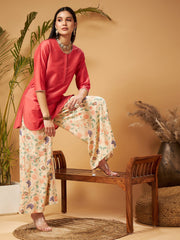 Shae by SASSAFRAS - Women Pink Short Kurta With Beige Printed Flared Palazzos