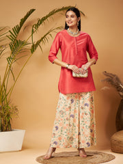 Shae by SASSAFRAS - Women Pink Short Kurta With Beige Printed Flared Palazzos
