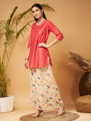 Shae by SASSAFRAS - Women Pink Short Kurta With Beige Printed Flared Palazzos