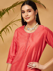 Shae by SASSAFRAS - Women Pink Short Kurta With Beige Printed Flared Palazzos