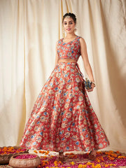 Shae by SASSAFRAS - Women Orange Floral Anarkali Skirt With Crop Top