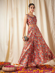 Shae by SASSAFRAS - Women Orange Floral Anarkali Skirt With Crop Top
