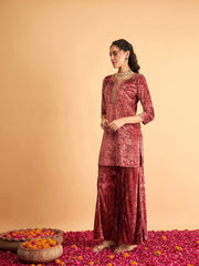Women Rust Velvet Embroidered Short Kurta Only