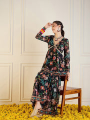 Shae by SASSAFRAS - Women Black Floral Peplum Top With Sharara Pants