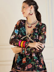 Shae by SASSAFRAS - Women Black Floral Peplum Top With Sharara Pants