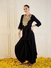 Women Black Rayon Embroidered Short Kurta With Dhoti Skirt