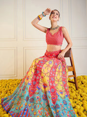 Shae by SASSAFRAS - Women Red & Yellow Floral Anarkali Skirt With Dori Crop Top
