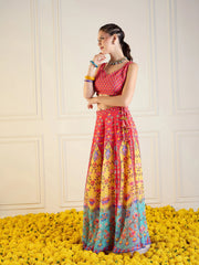 Shae by SASSAFRAS - Women Red & Yellow Floral Anarkali Skirt With Dori Crop Top