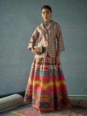 Shae by SASSAFRAS - -Women Beige Multi Floral Blazer Top With Anarkali Skirt