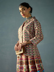 Shae by SASSAFRAS - -Women Beige Multi Floral Blazer Top With Anarkali Skirt