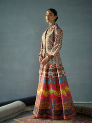 Shae by SASSAFRAS - -Women Beige Multi Floral Blazer Top With Anarkali Skirt