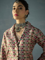 Shae by SASSAFRAS - -Women Beige Multi Floral Blazer Top With Anarkali Skirt