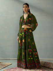 Shae by SASSAFRAS - -Women Green Floral Tie Knot Crop Top With Anarkali Skirt