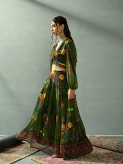 Shae by SASSAFRAS - -Women Green Floral Tie Knot Crop Top With Anarkali Skirt