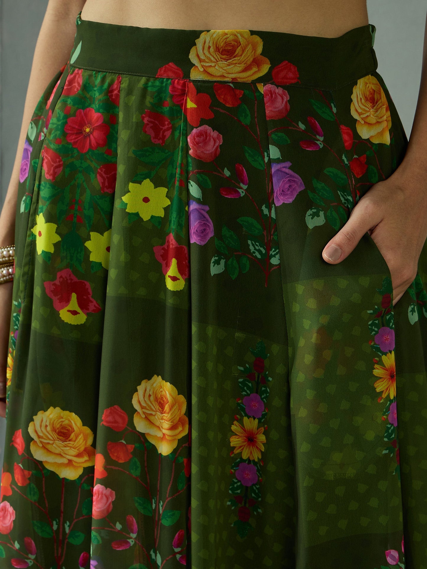 Shae by SASSAFRAS - -Women Green Floral Tie Knot Crop Top With Anarkali Skirt