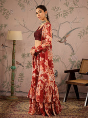 Women Maroon Sequins Crop Top With Floral Sharara And Shrug