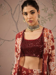 Women Maroon Sequins Crop Top With Floral Sharara And Shrug