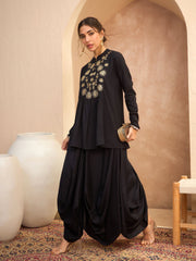 Women Black Embroidered Peplum Top With Dhoti Skirt