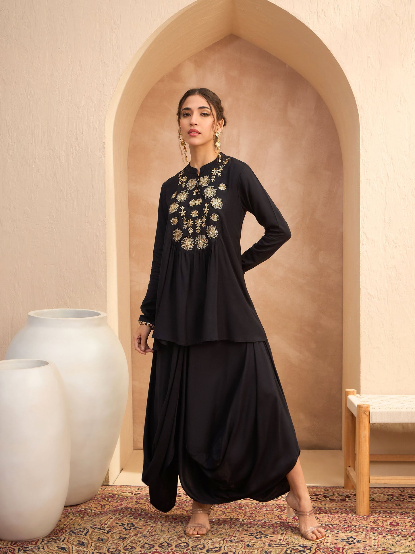 Women Black Embroidered Peplum Top With Dhoti Skirt