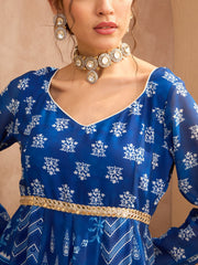 Women Blue Floral Sweetheart Neck Anarkali Kurta With Palazzos