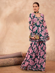 Women Green & Pink Floral Peplum Top With Sharara Pants
