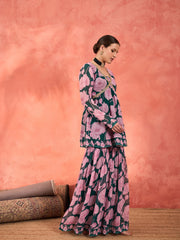 Women Green & Pink Floral Peplum Top With Sharara Pants