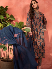 Women Navy Geometric Print Kurta With Pencil Pants & Dupatta