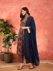 Women Navy Geometric Print Kurta With Pencil Pants & Dupatta