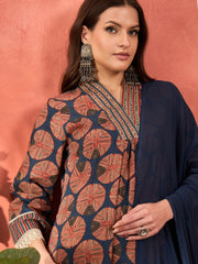 Women Navy Geometric Print Kurta With Pencil Pants & Dupatta