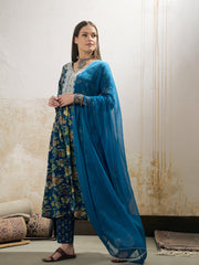 Women Navy Floral Gathered Kurta With Pencil Pants & Dupatta