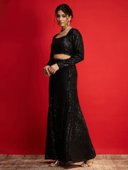 Women Black Sequence Crop Top With Fish Cut Skirt