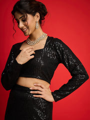 Women Black Sequence Crop Top With Fish Cut Skirt
