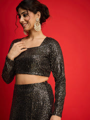 Women Black With Golden Sequence Crop Top With Fish Cut Skirt