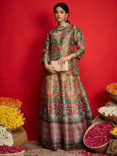 Women Olive Multi Floral Blazer Top With Anarkali Skirt