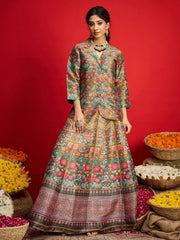 Women Olive Multi Floral Blazer Top With Anarkali Skirt