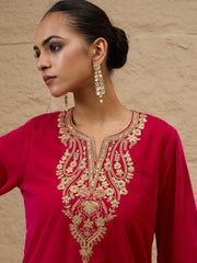 Fuchsia Velvet Embroidered Short Kurta With Farshi Salwar Shae by SASSAFRAS