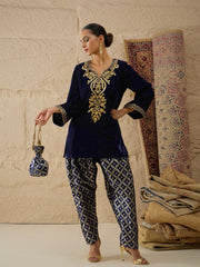 Navy Velvet Embroidered Short Kurta With Farshi Salwar Shae by SASSAFRAS