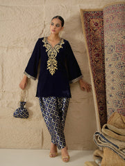 Navy Velvet Embroidered Short Kurta With Farshi Salwar Shae by SASSAFRAS