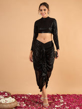 Women Black sequence Crop Top With Front Frill Skirt