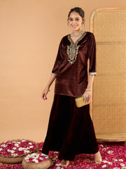 Women Brown Velvet Embroidered Short Kurta With Palazzo