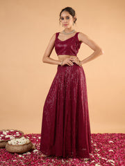 Women Maroon Sequence Sleeveless Crop Top With Anarkali Skirt