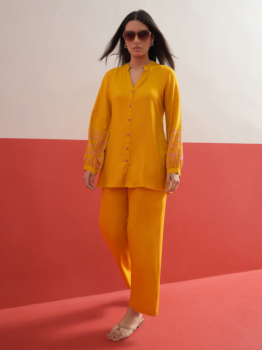 Yellow Sleeves Embroidered Shirt With Pants Shae by SASSAFRAS
